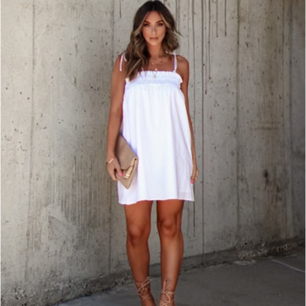 Jessy Smocked Pocketed Shoulder Tie Mini Dress - White
